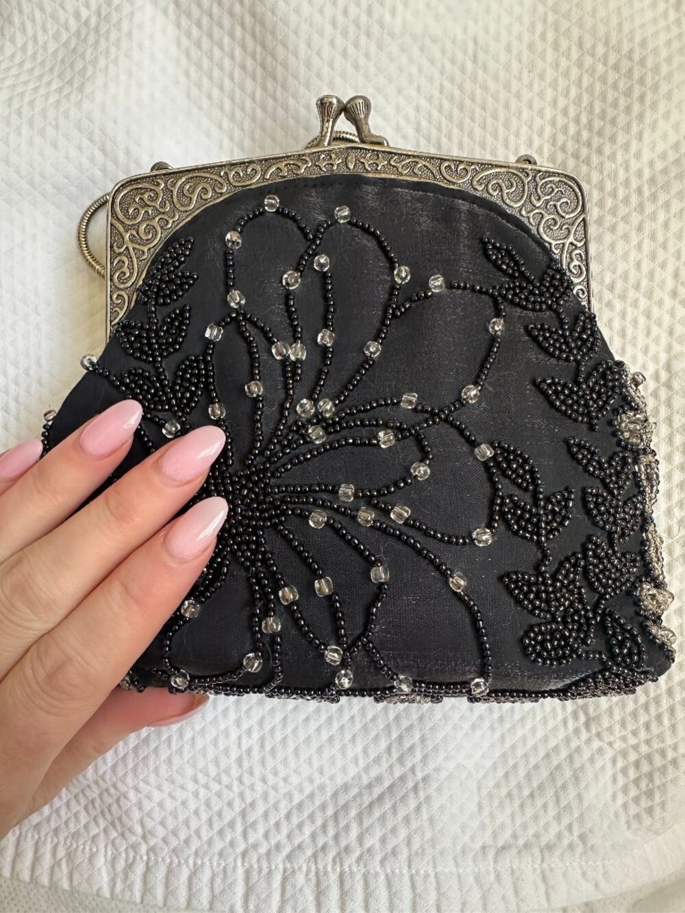 Vintage Valerie Stevens Black Beaded Silk Evening Bag with Mirror & Chain